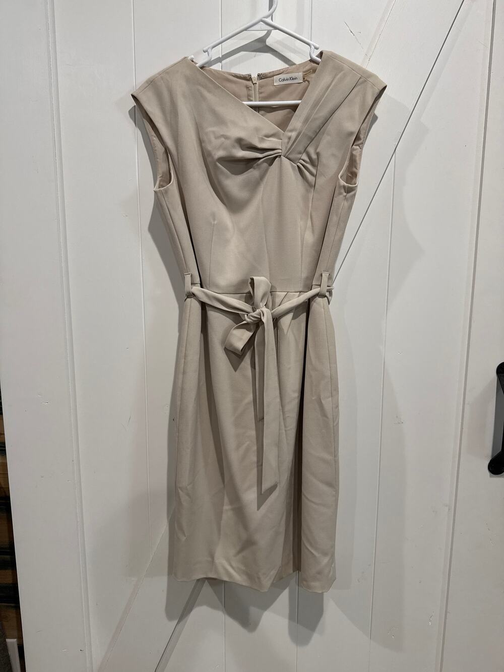 Calvin Klein Sheath Dress 6 Beige Oatmeal Midi Belted Draped Neckline